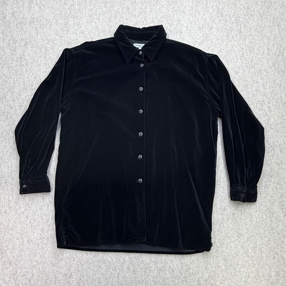 Street One Velvet Button Down Women L Black Goth Grunge 90s Dark Academia Whimsy